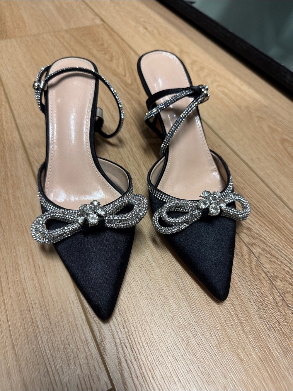 Elegant Black Satin Pointed-Toe Slingback Heels with Crystal Bow